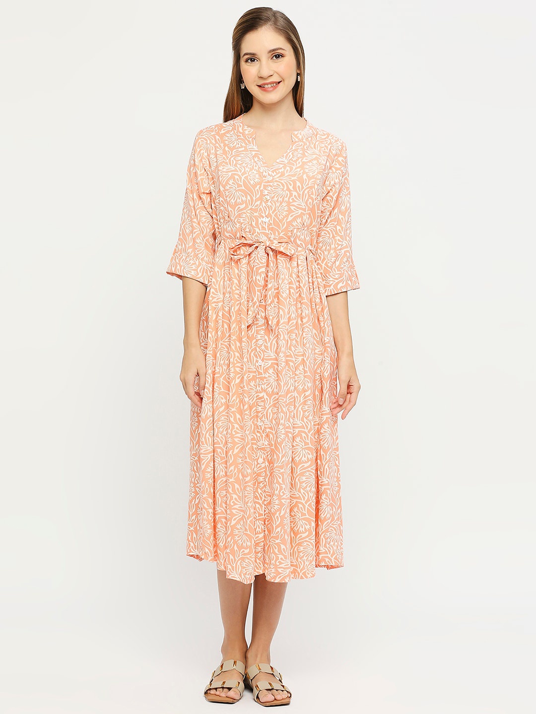 

MeeMee Floral Print Maternity Fit & Flare Midi Dress with Feeding Zip, Orange