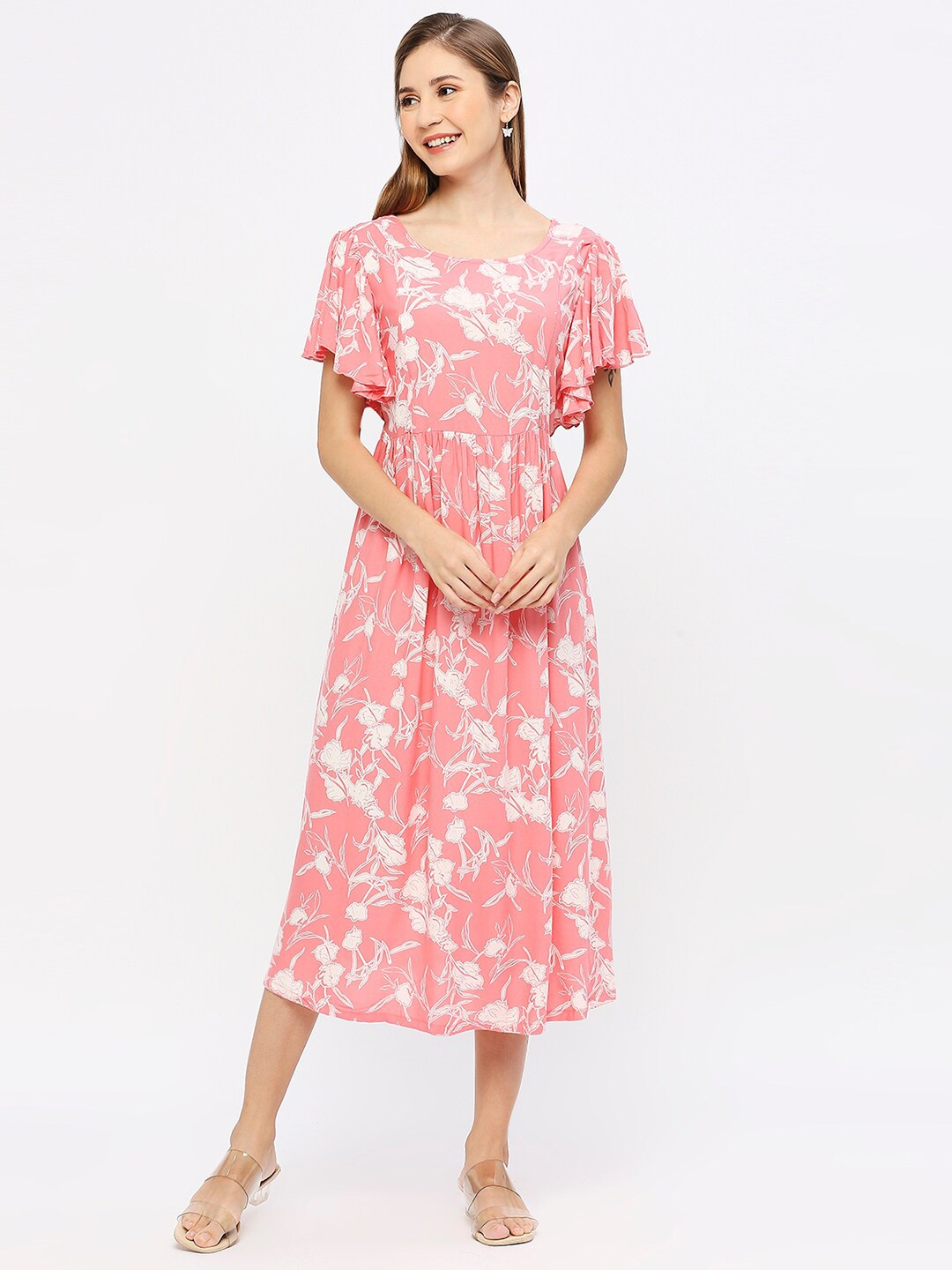 

MeeMee Floral Print Flared Sleeves Maternity Fit & Flare Midi Dress with Feeding Zip, Coral