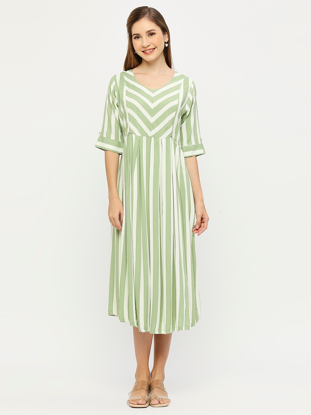 

MeeMee Striped Printed Round Neck Maternity Fit & Flare Midi Dress with Feeding Zip, Green