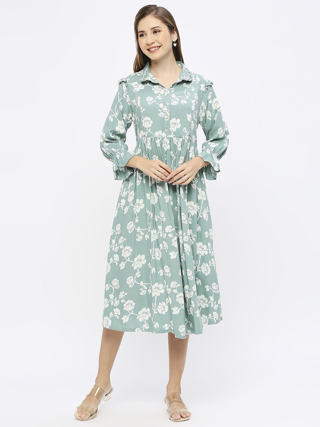 

MeeMee Floral Print Maternity Shirt Style Midi Dress with Feeding Zip, Green