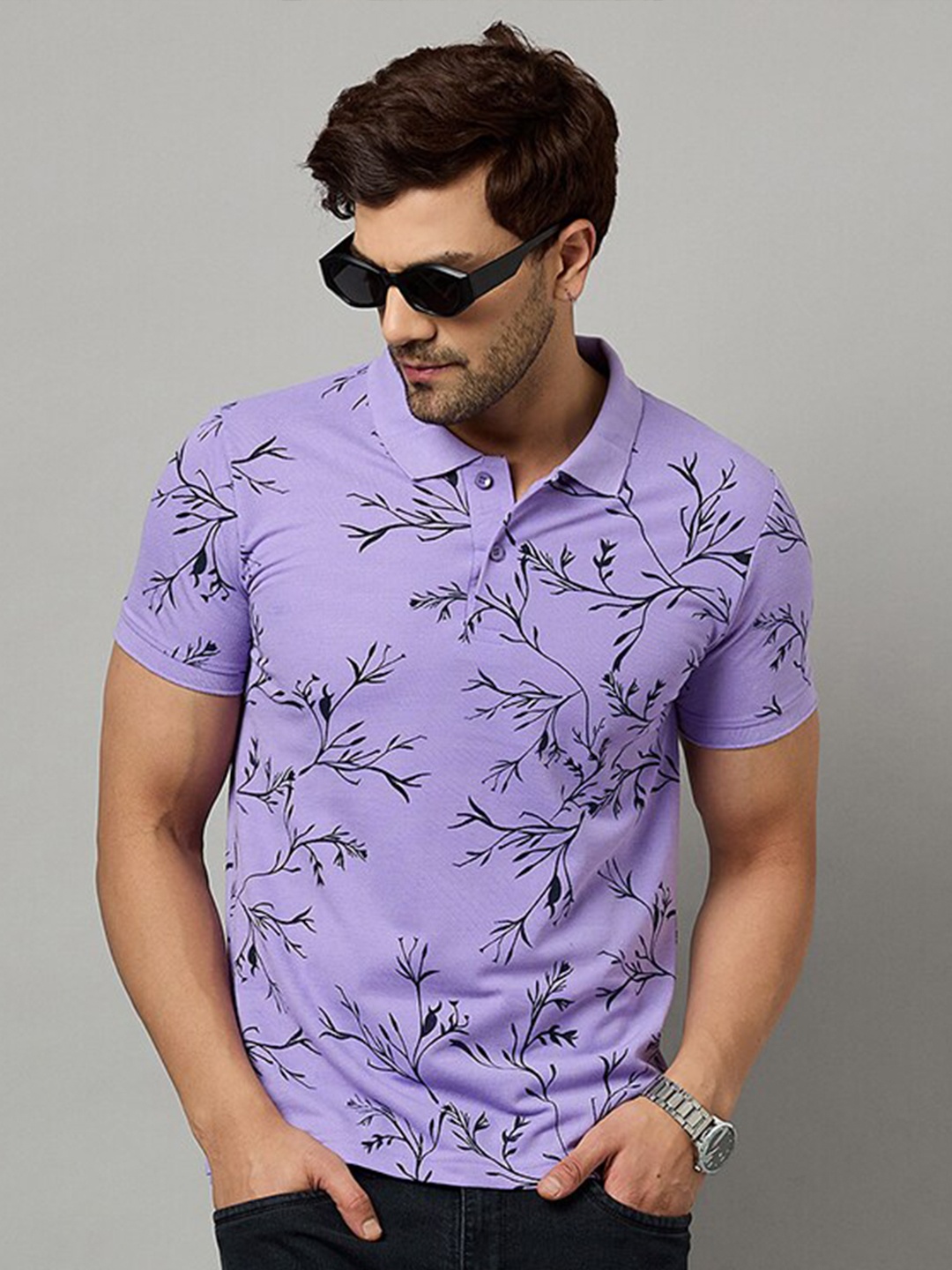 

Zigo Printed Polo Collar Regular Fit T-shirt, Lavender