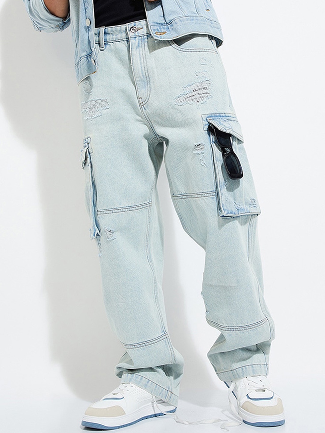 

max URB_N Men Loose Fit Distressed Cargo Jeans, Blue