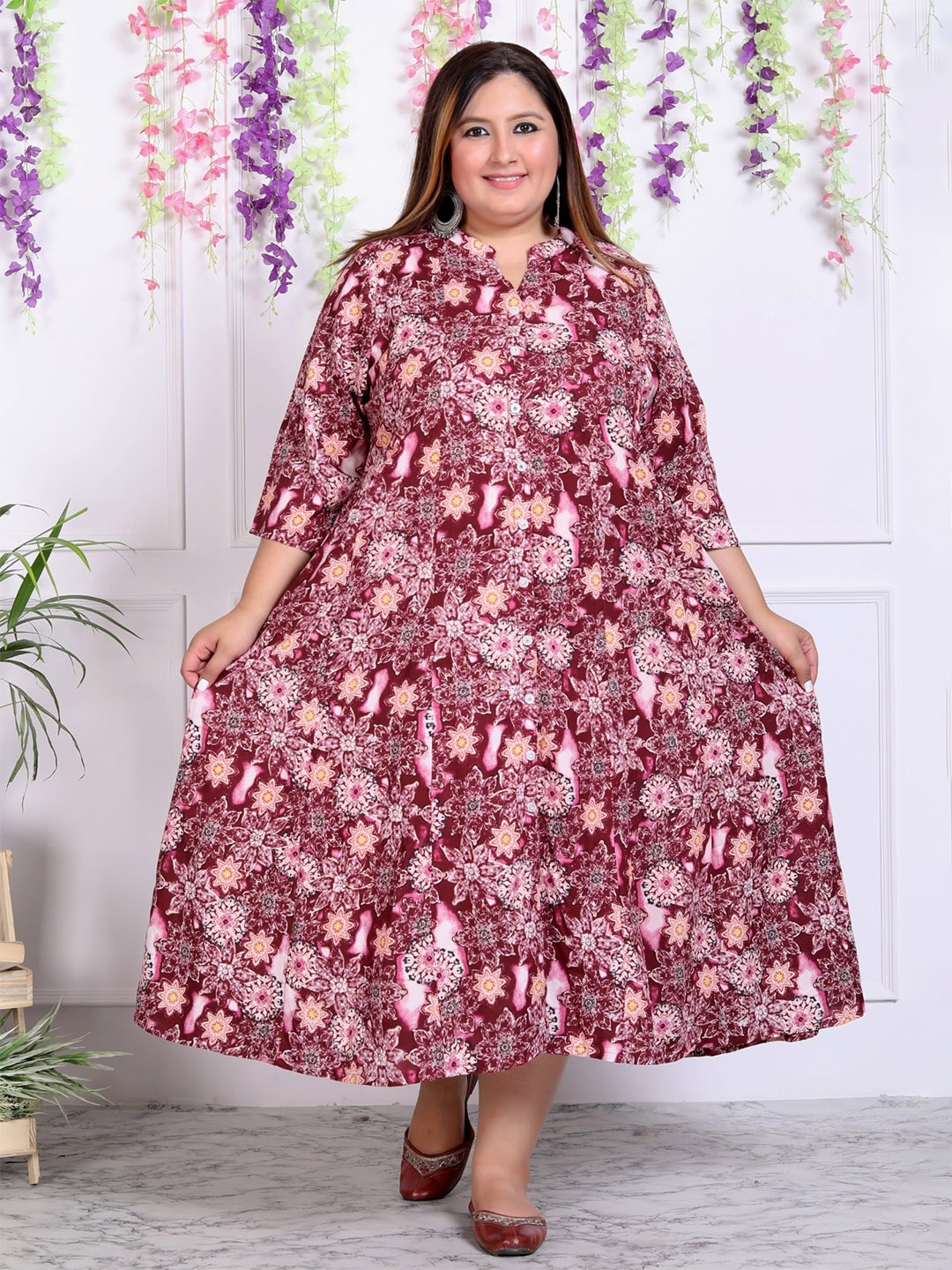 

KALINI Plus Size Floral Print Mandarin Collar Maxi Dress, Maroon