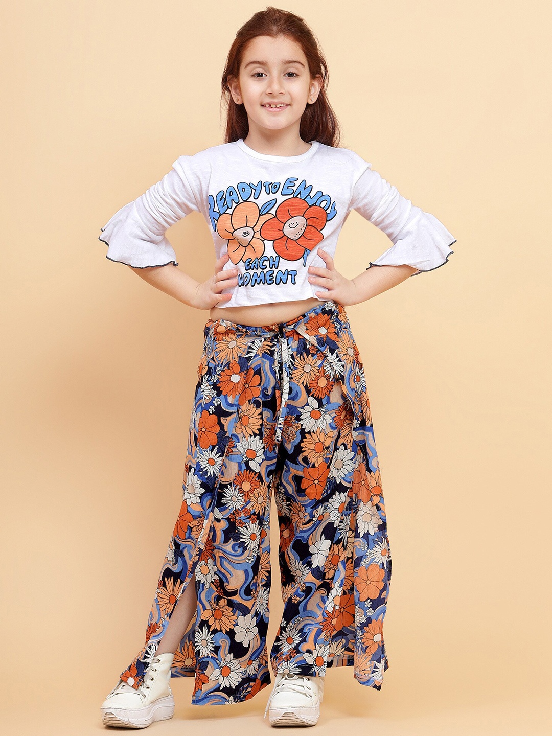 

YK Girls Printed Round Neck Top With Palazzo, White