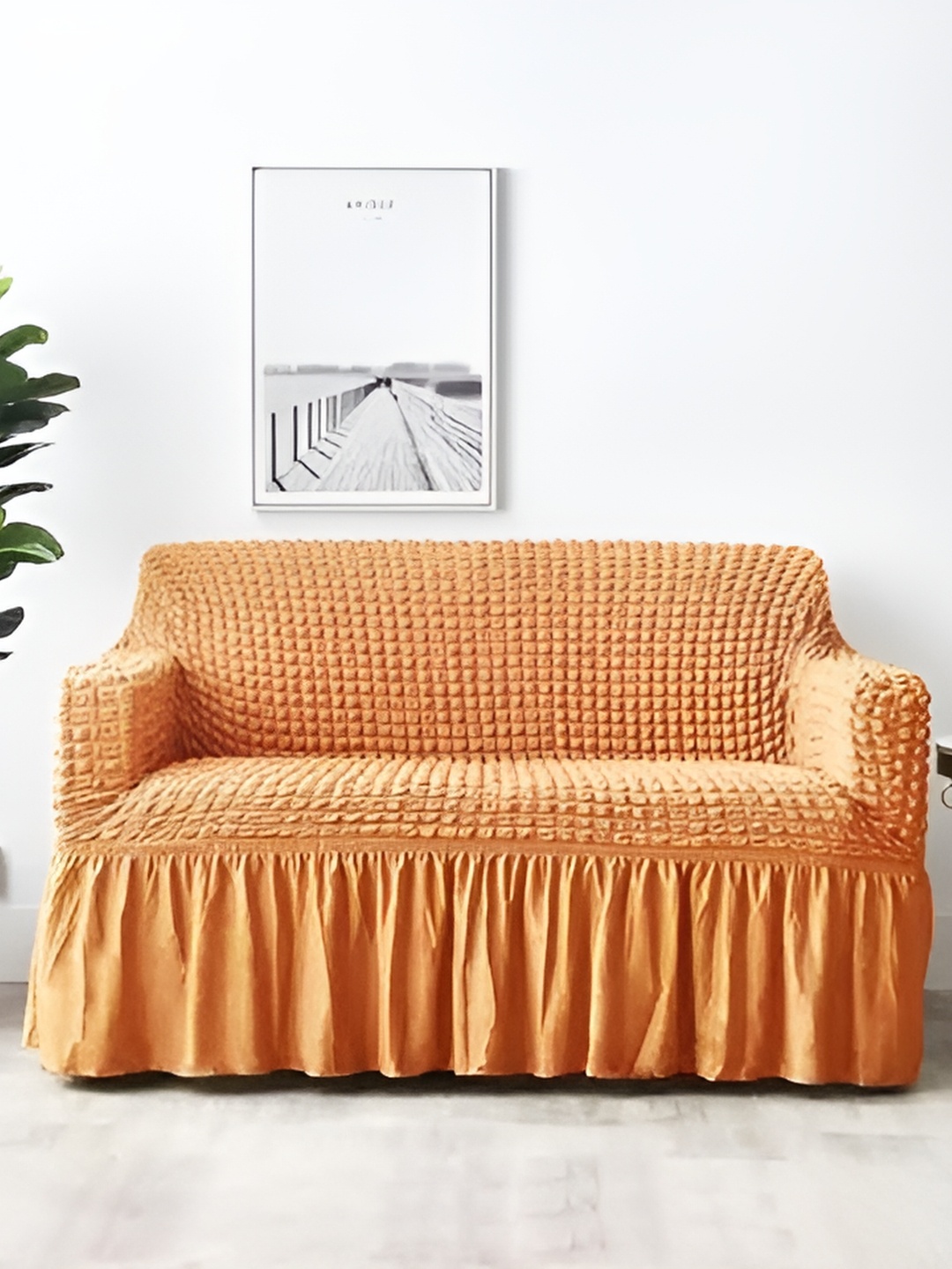 

TONY STARK Beige 2 Seater Elastic Stretchable Frill Sofa Cover