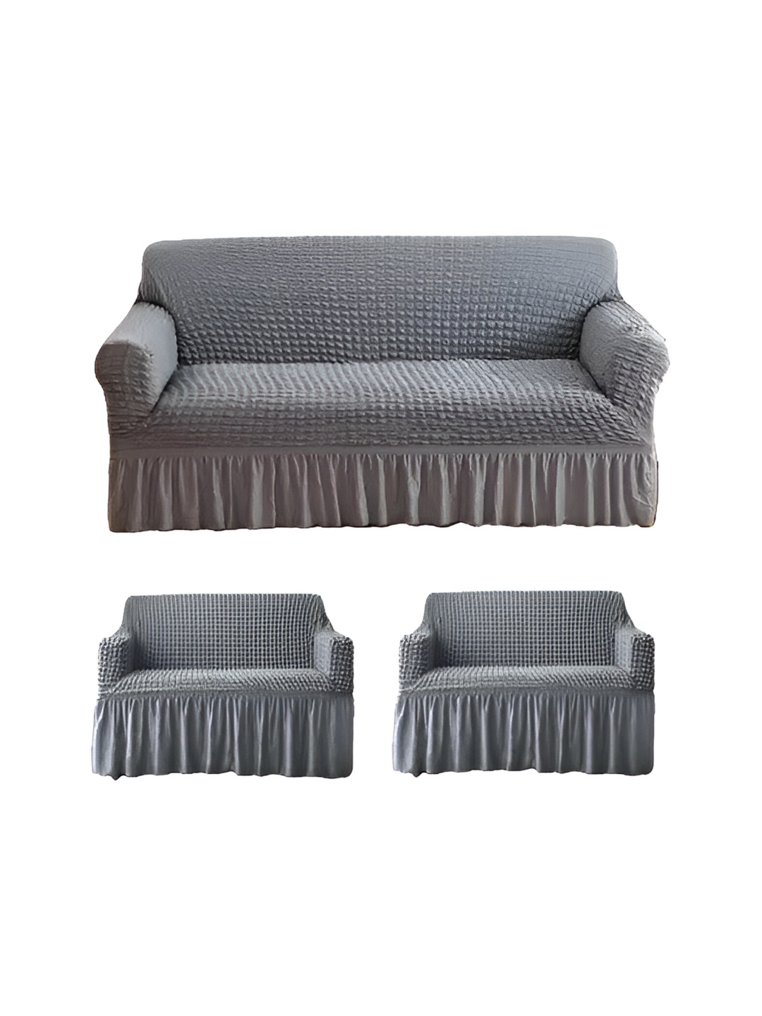

TONY STARK Grey 3 Pieces Textured 5 Seater Sofa Covers With Arms