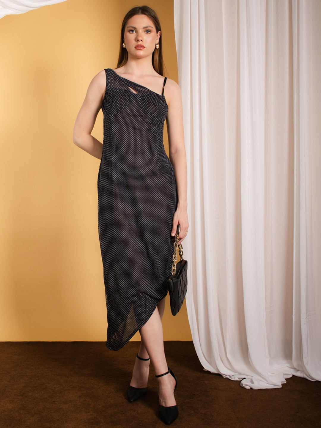 

Stylecast X Hersheinbox Printed Asymmetric Mesh Midi Dress, Black