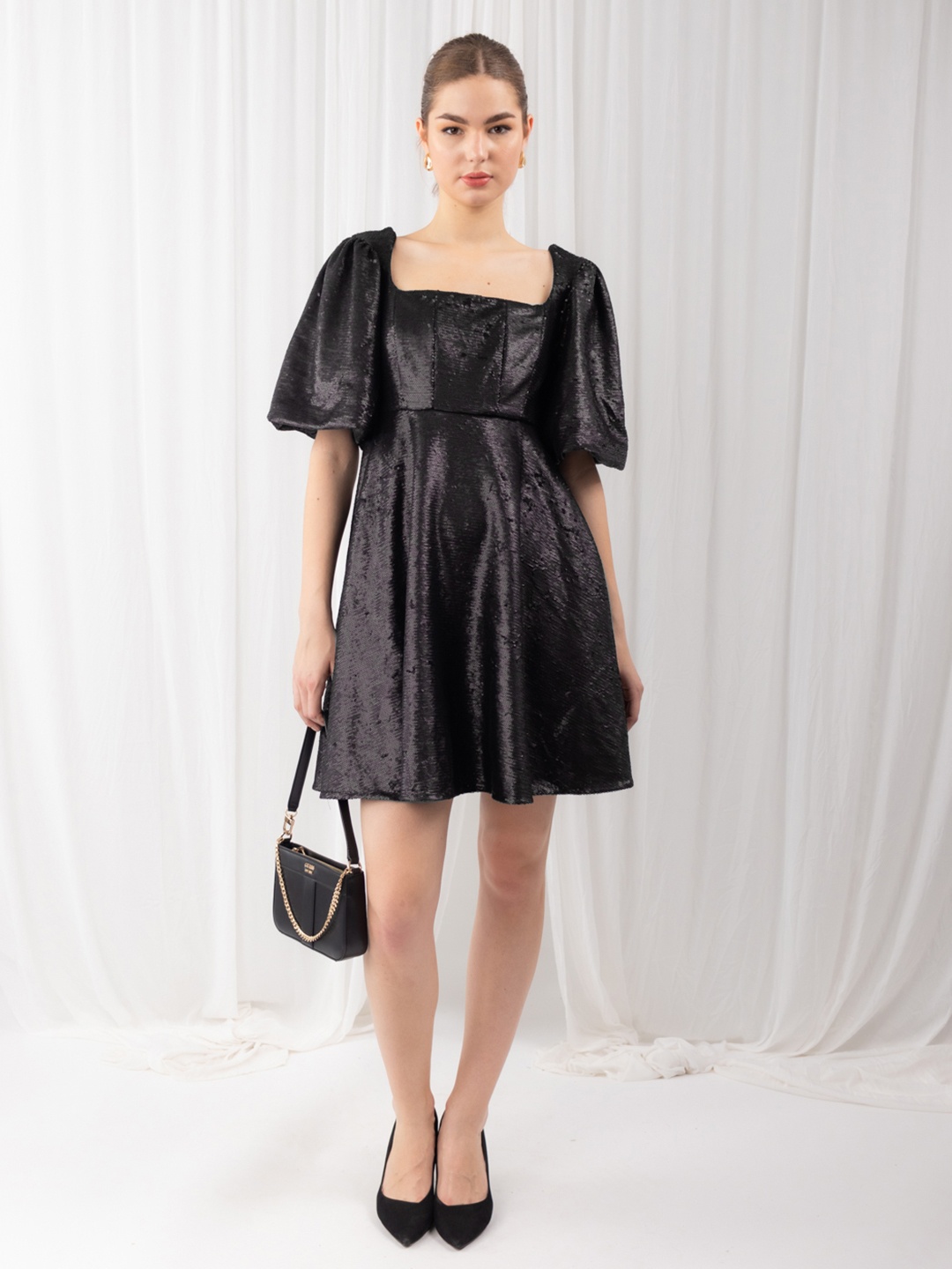 

Stylecast X Hersheinbox Embellished Puff Sleeve Fit & Flare Mini Dress, Black