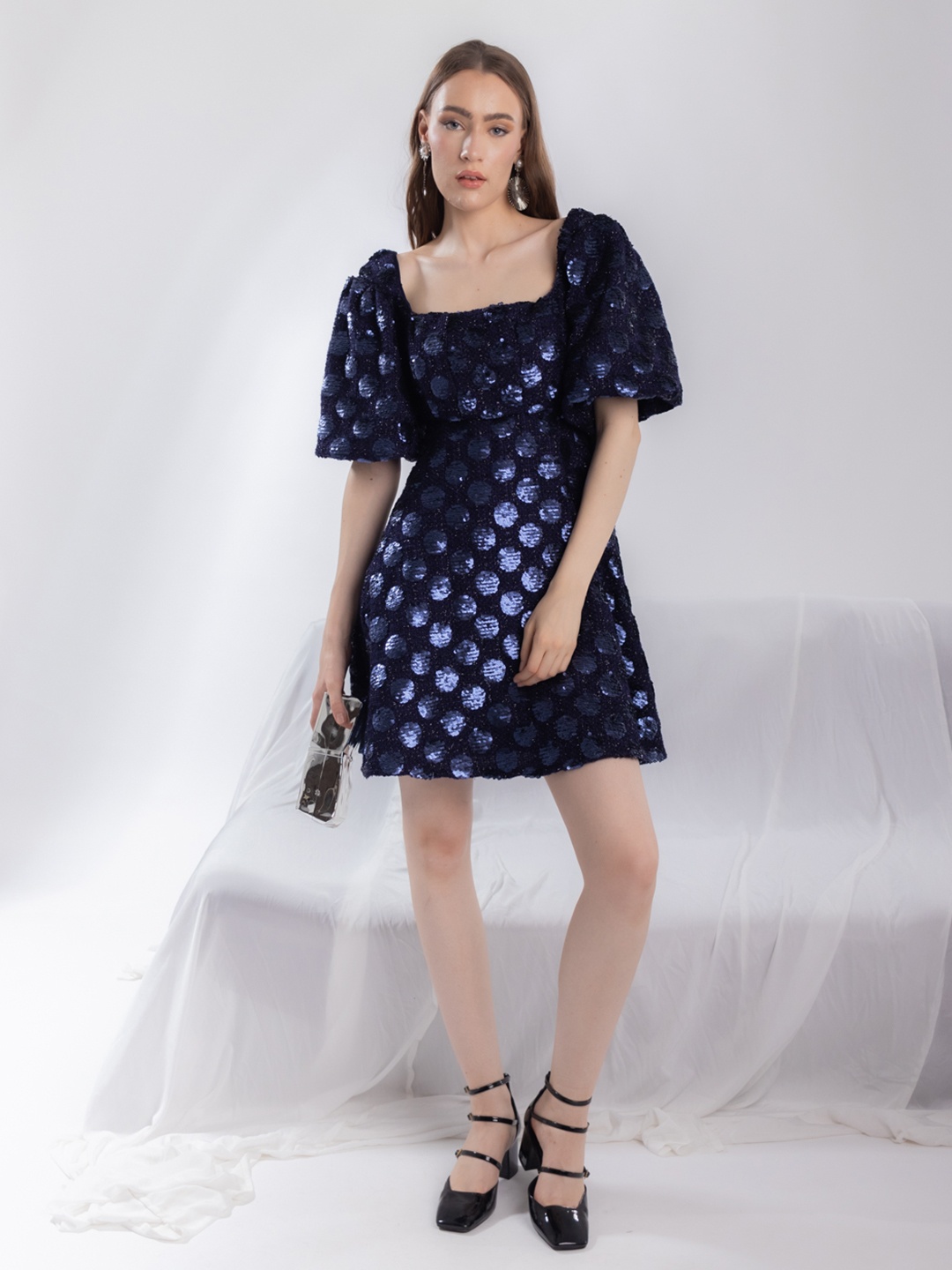 

Stylecast X Hersheinbox Sequined Flared Sleeves A-Line Mini Dress, Navy blue