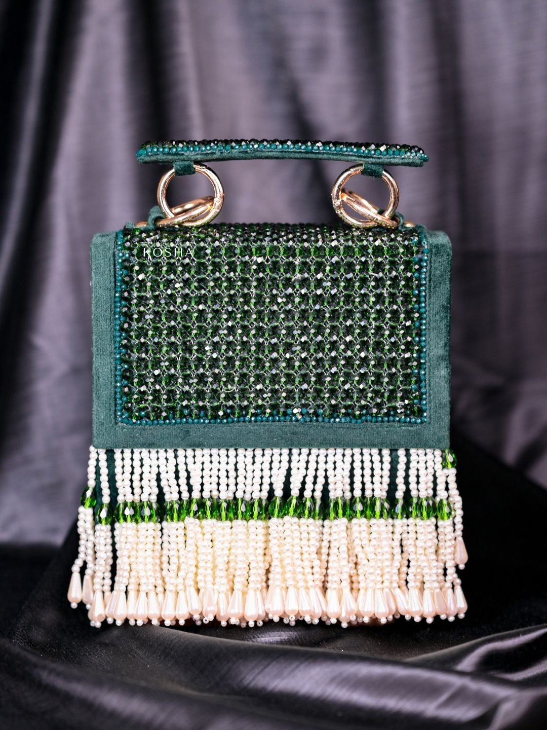 

House of Kosha Embellished Structured Fringed Sling Bag, Green