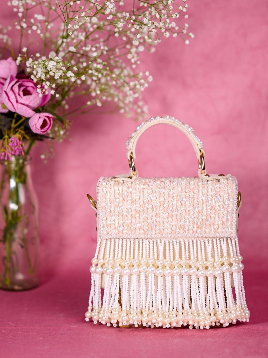 

House of Kosha Suede Oversized Structured Handheld Bag With Tasselled, Off white