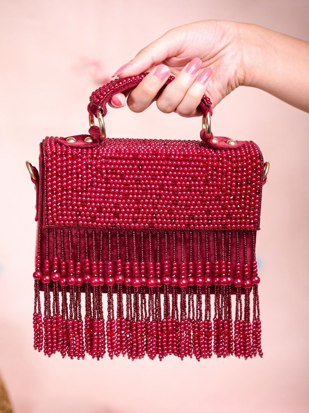 

House of Kosha Suede Oversized Structured Handheld Bag With Tasselled, Maroon