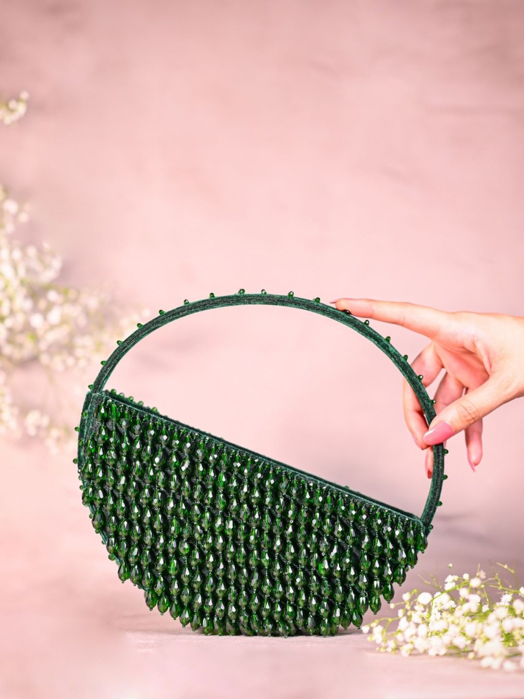 

House of Kosha Embellished Half Moon Clutch, Green