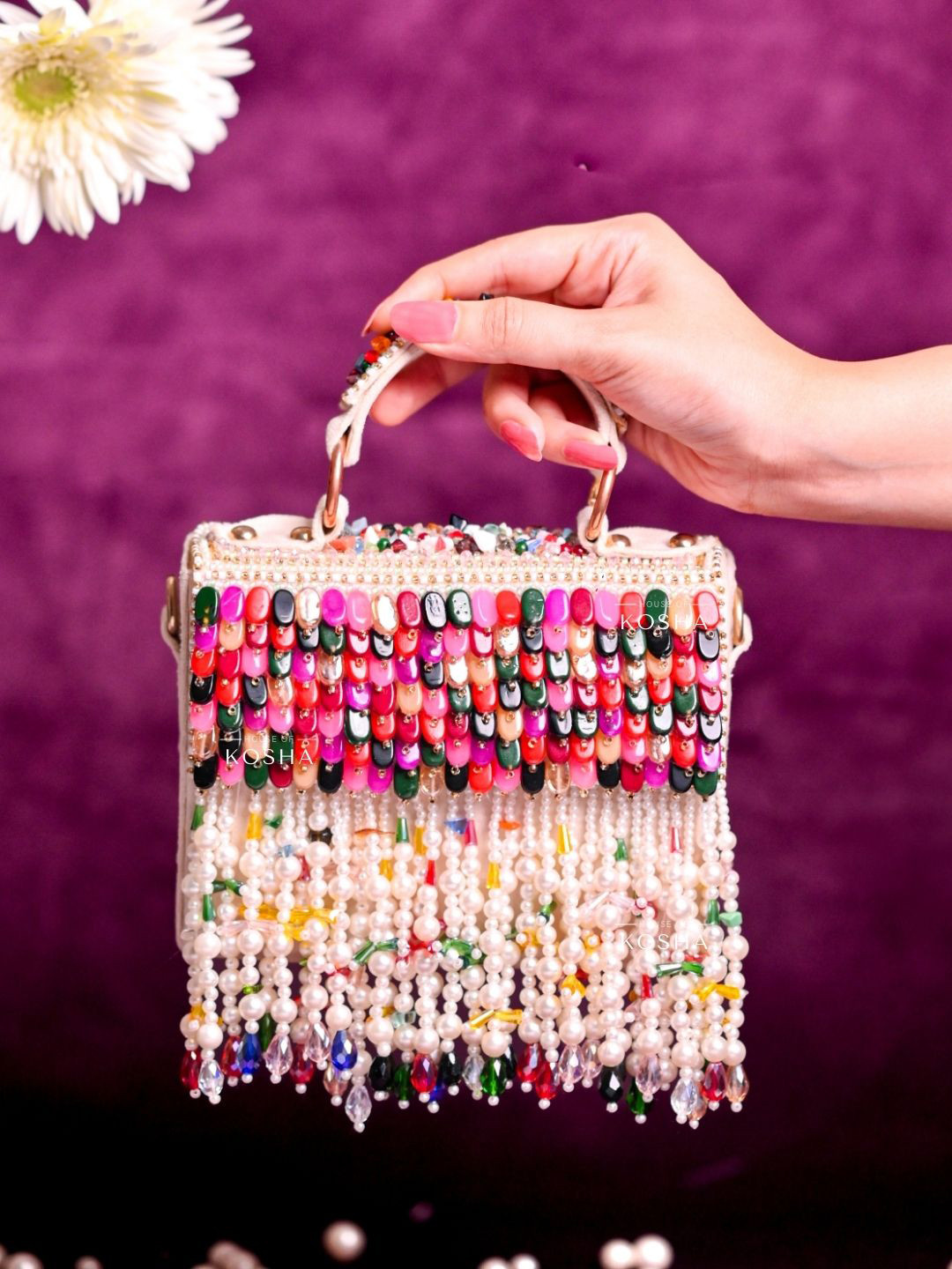 

House of Kosha Embellished Box Clutch, White