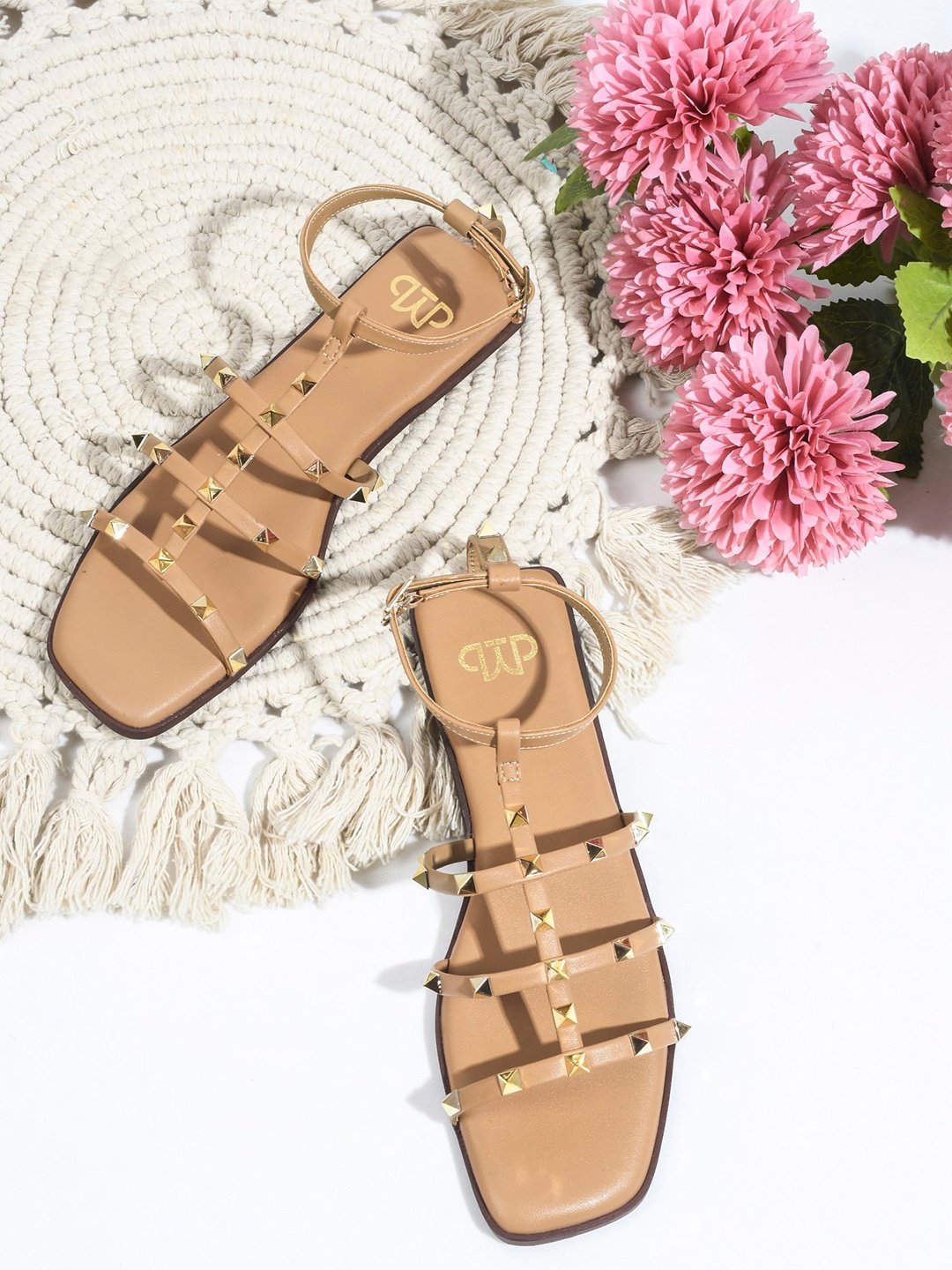 

THE WHITE POLE Embellished Open Toe Flats, Tan