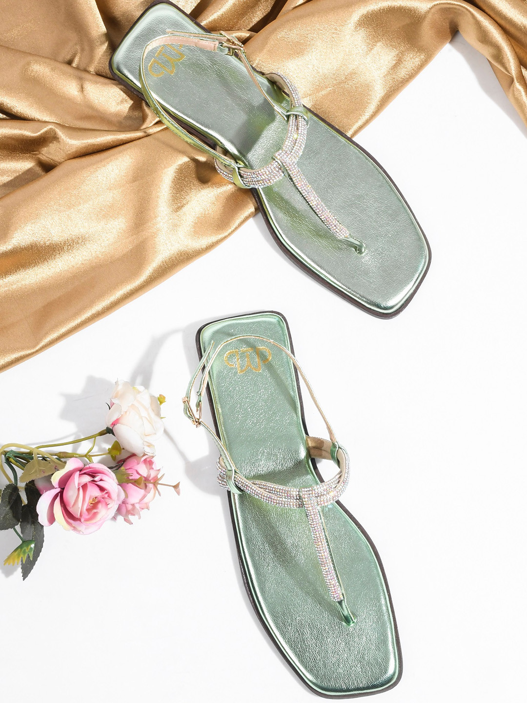 

THE WHITE POLE Embellished Open Toe Flats, Green