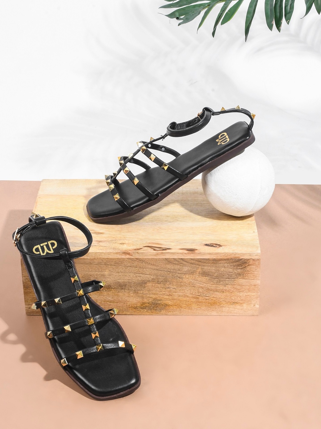 

THE WHITE POLE Embellished Open Toe Flats, Black