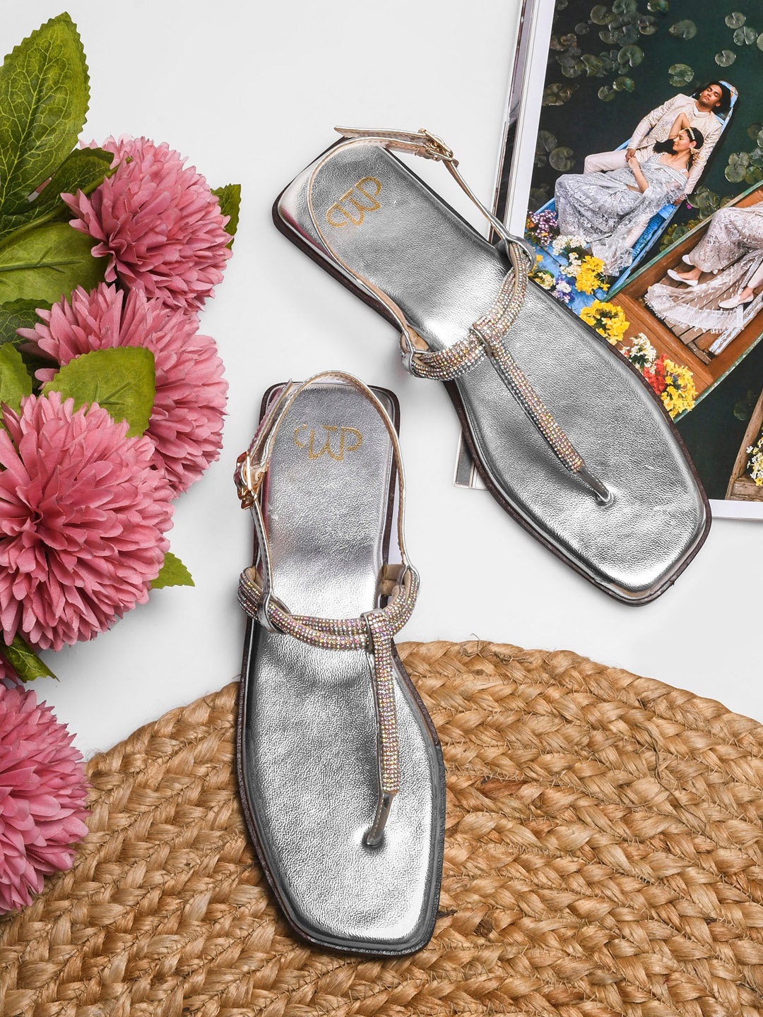 

THE WHITE POLE Embellished T-Strap Flats, Silver