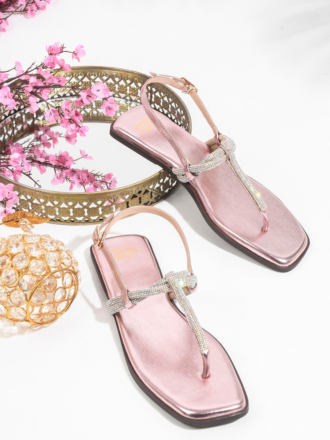 

THE WHITE POLE Embellished T-Strap Flats, Rose gold