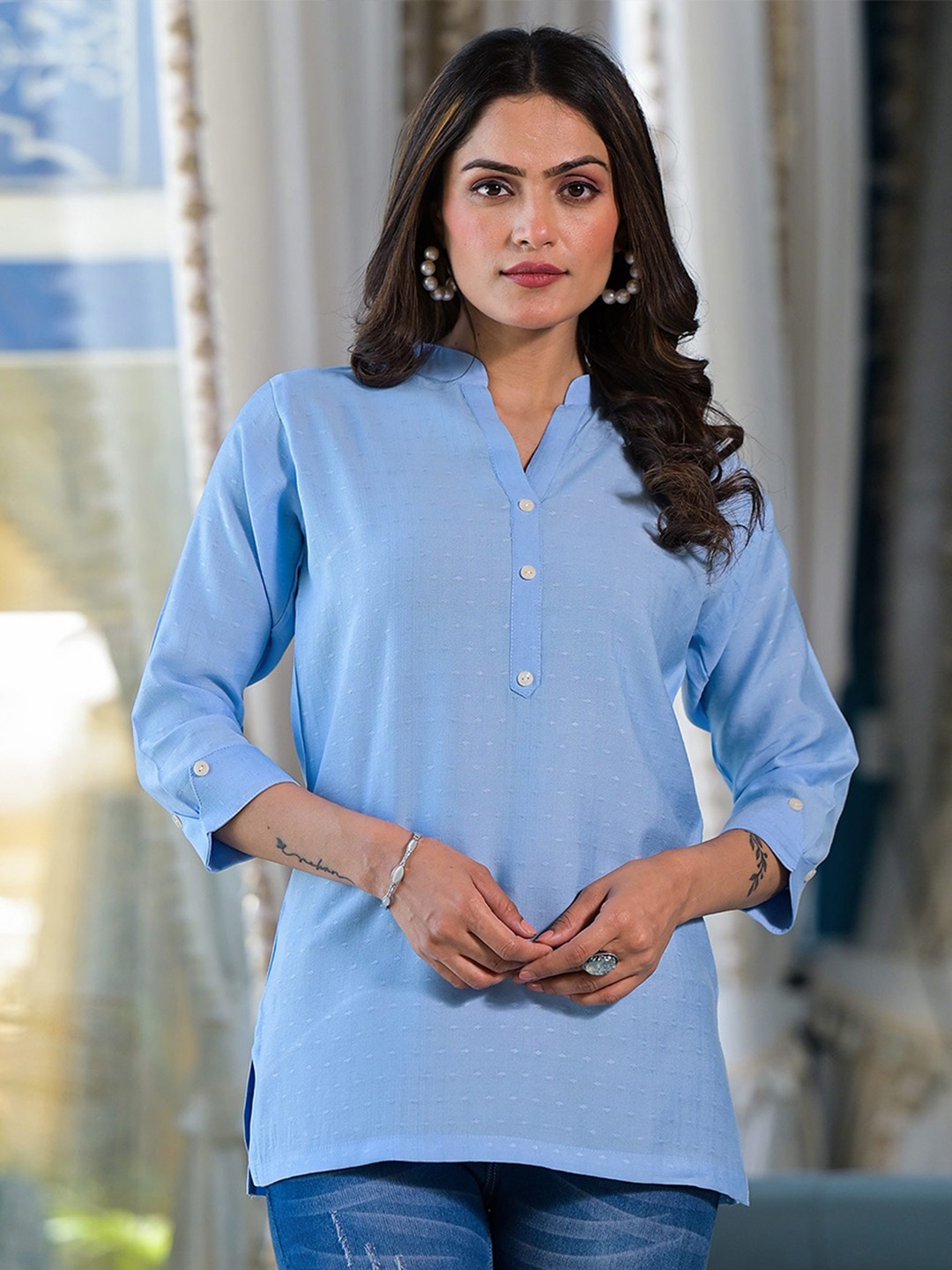 

Peachmode Mandarin Collar Cotton Shirt Style Top, Blue