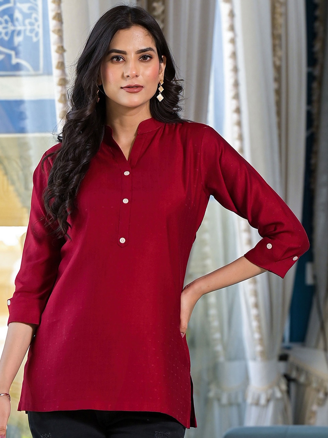 

Peachmode Mandarin Collar Roll-Up Sleeves Shirt Style Cotton Top, Maroon
