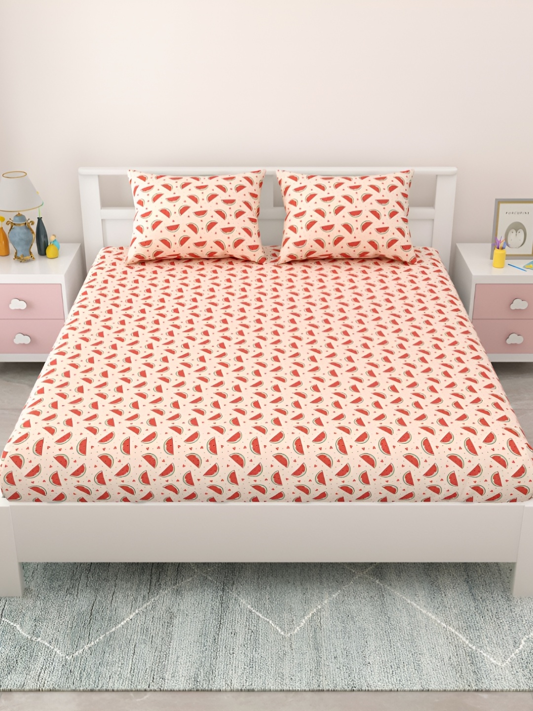 

MAFATLAL Red & Pink Cartoon Characters Cotton 144 TC Queen Bedsheet with 2 Pillow Covers