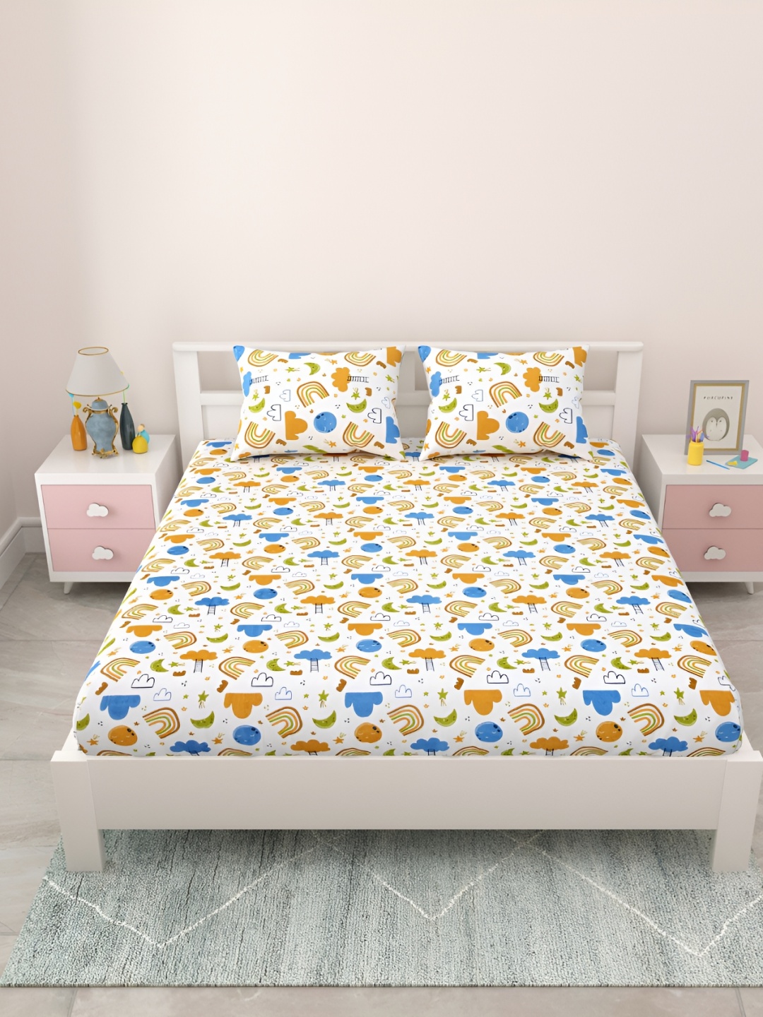 

MAFATLAL Blue & White Cartoon Characters 144 TC Queen Bedsheet with 2 Pillow Covers
