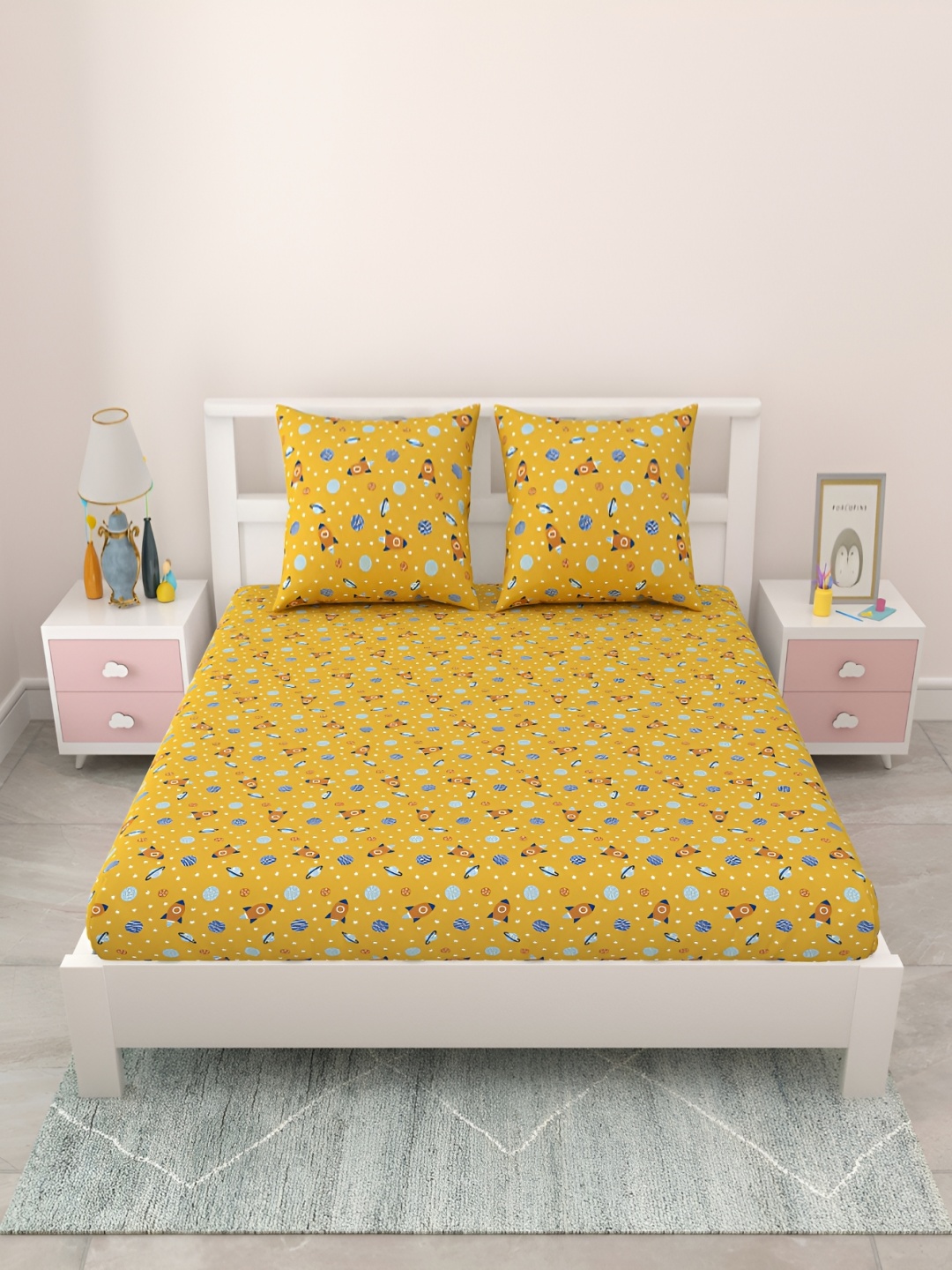 

MAFATLAL Yellow Cartoon Characters Cotton 144 TC Queen Bedsheet with 2 Pillow Covers