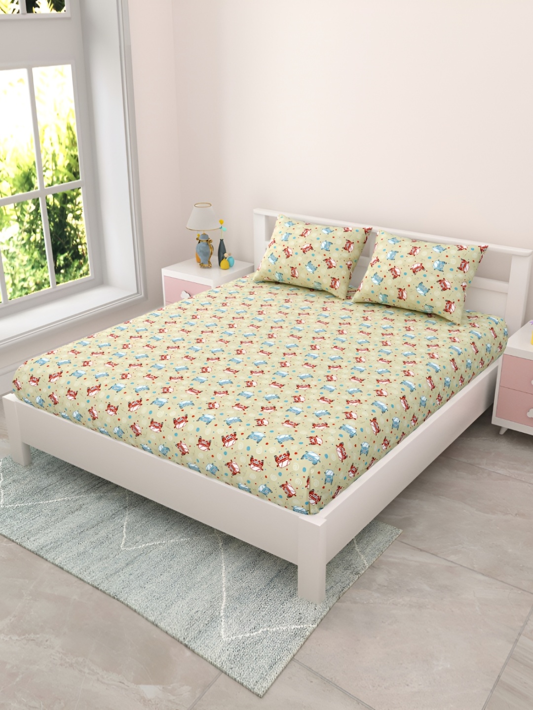 

MAFATLAL Beige & Red Cartoon Characters 144 TC Queen Bedsheet with 2 Pillow Covers