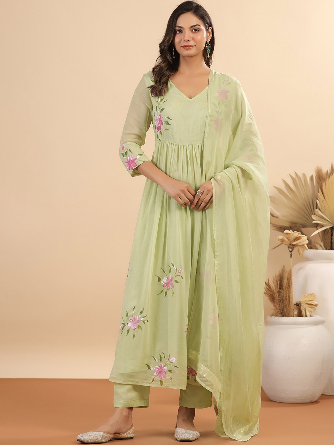 

mirari Floral Printed V-Neck Three-Quarter Sleeves Angrakha Kurta Set, Green