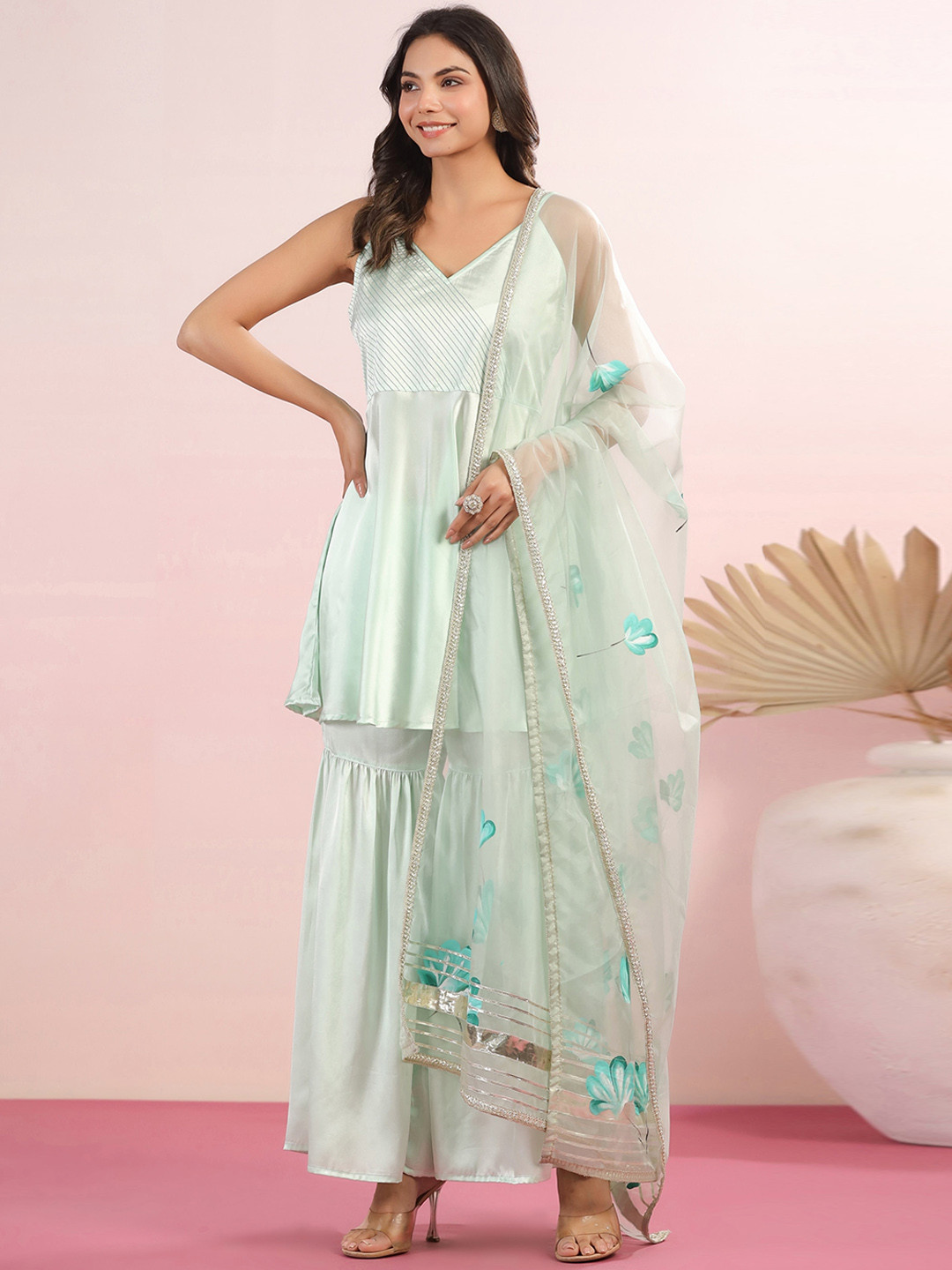 

mirari Shoulder Straps A-Line Kurti With Sharara &Dupatta, Turquoise blue