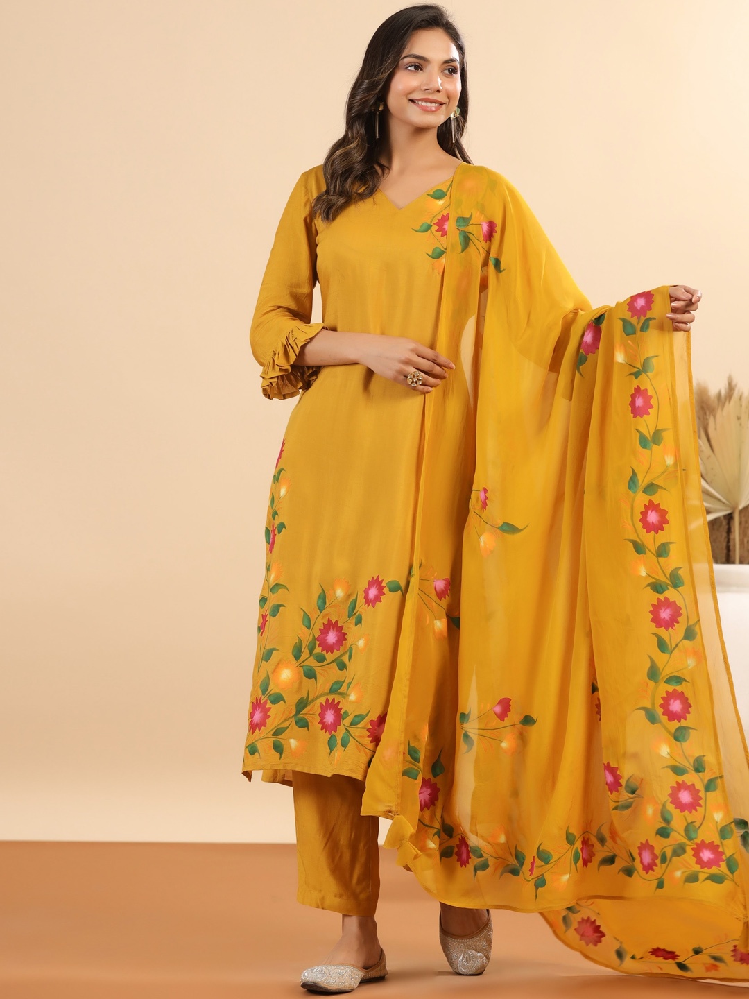 

mirari Floral Printed V-Neck Three-Quarter Sleeves Kurta with Trousers & With Dupatta, Mustard