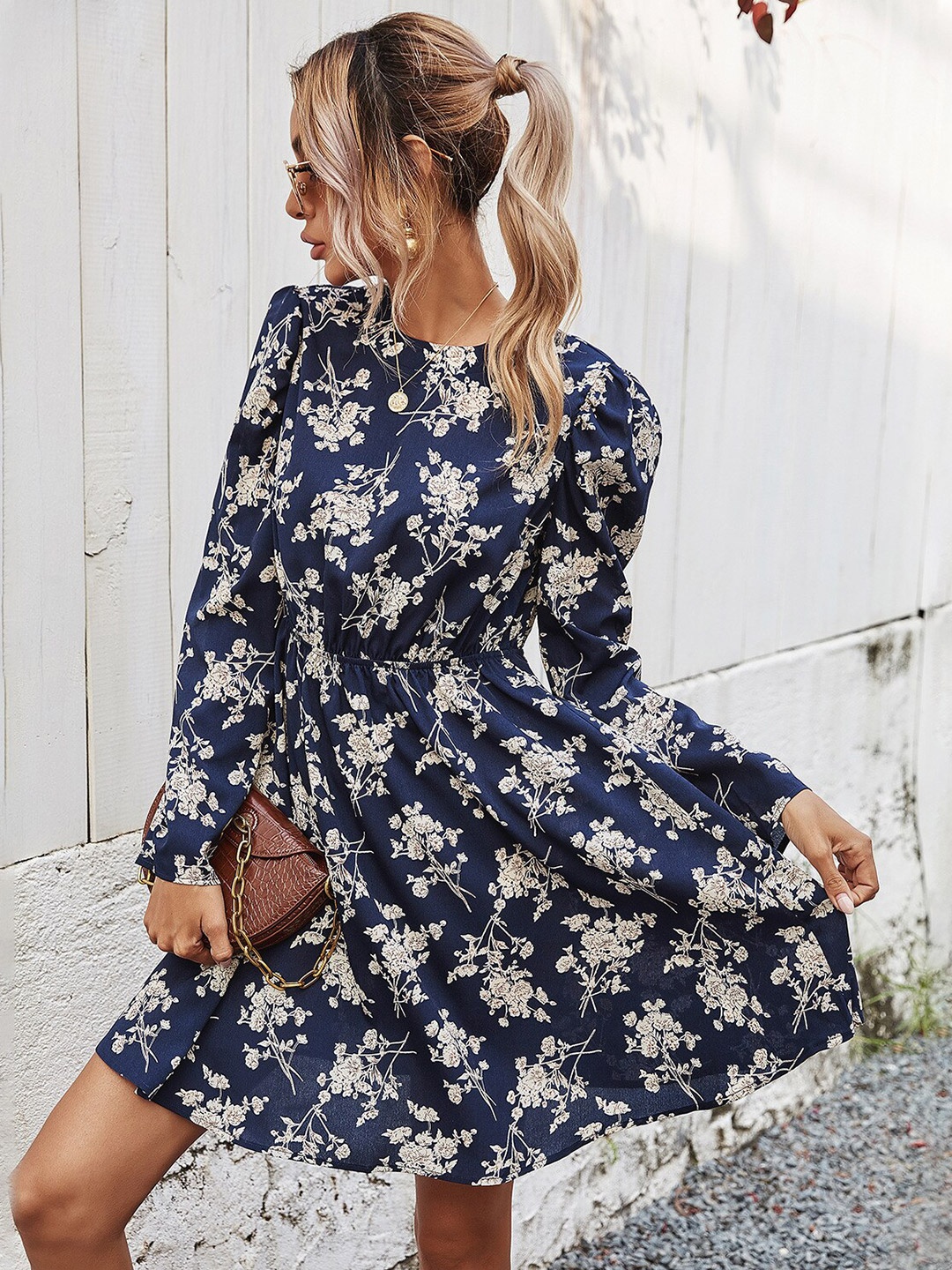 

StyleCast Blue & Beige Floral Printed Puff Sleeves Crepe Fit & Flare Dress