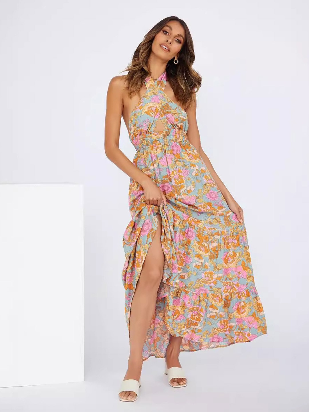 

StyleCast Blue & Pink Floral Printed Halter Neck Smocked Tiered Fit & Flare Maxi Dress