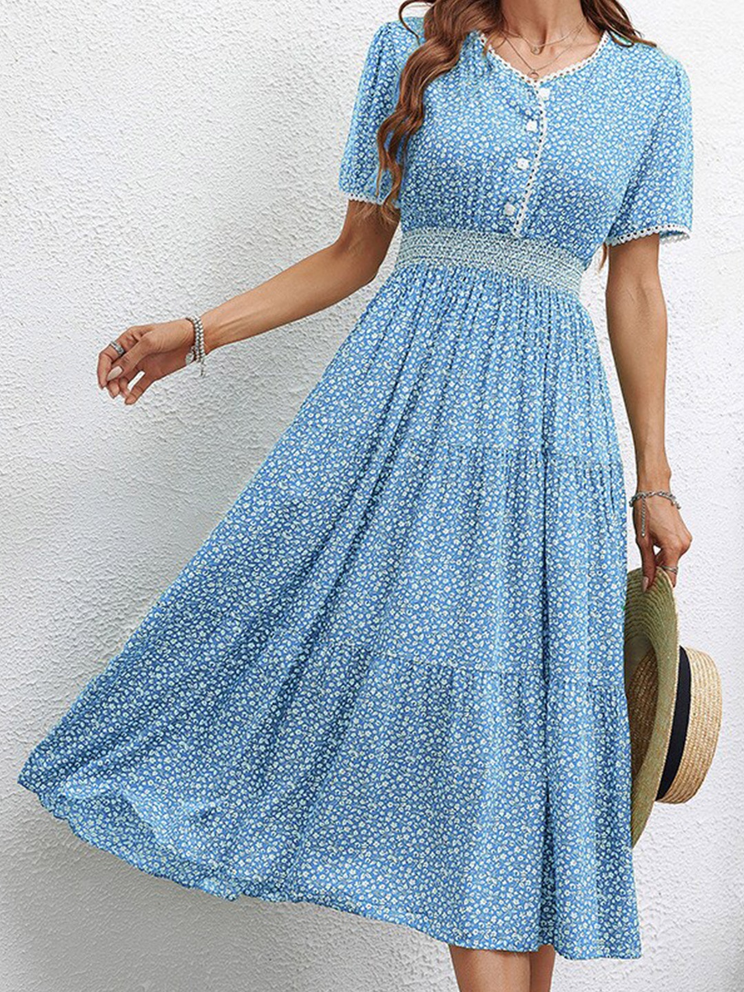

StyleCast Blue V Neck Floral Print Fit & Flare Cotton Maxi Dress