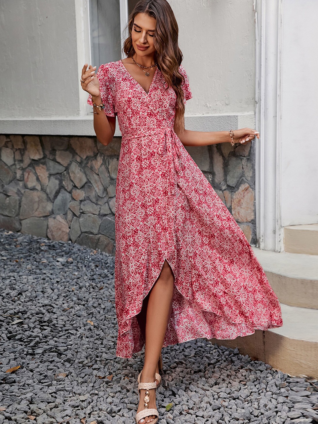 

StyleCast Floral Print Flutter Sleeve V-Neck Midi Dress, Pink