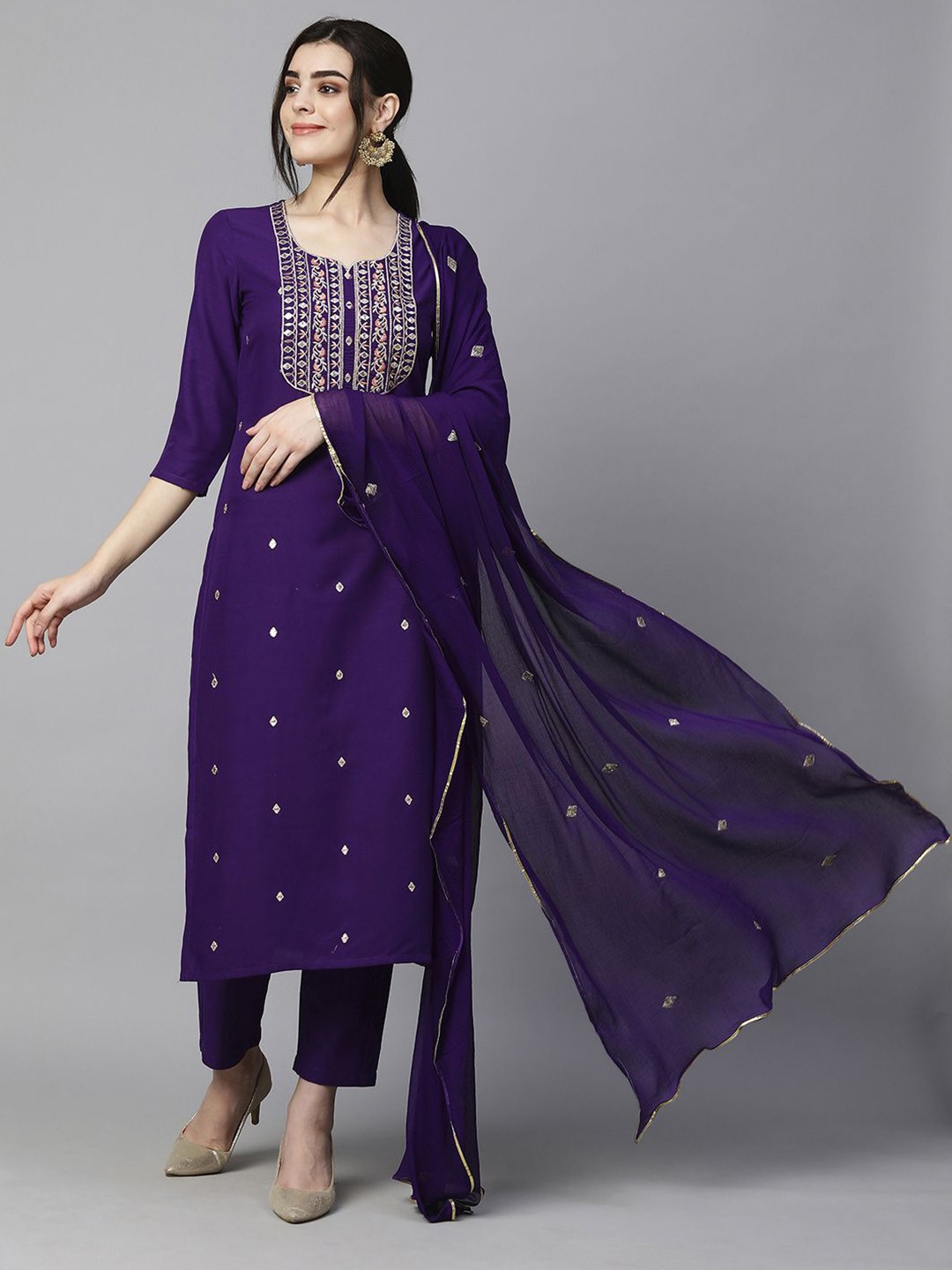 KALINI Floral Embroidered Regular Thread Work Kurta with Trouser & Dupatta, Violet