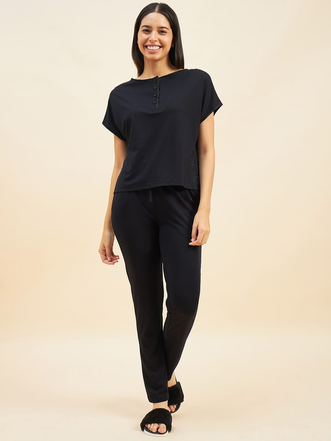 

Sweet Dreams Round Neck Top & Pyjamas Night suit, Black
