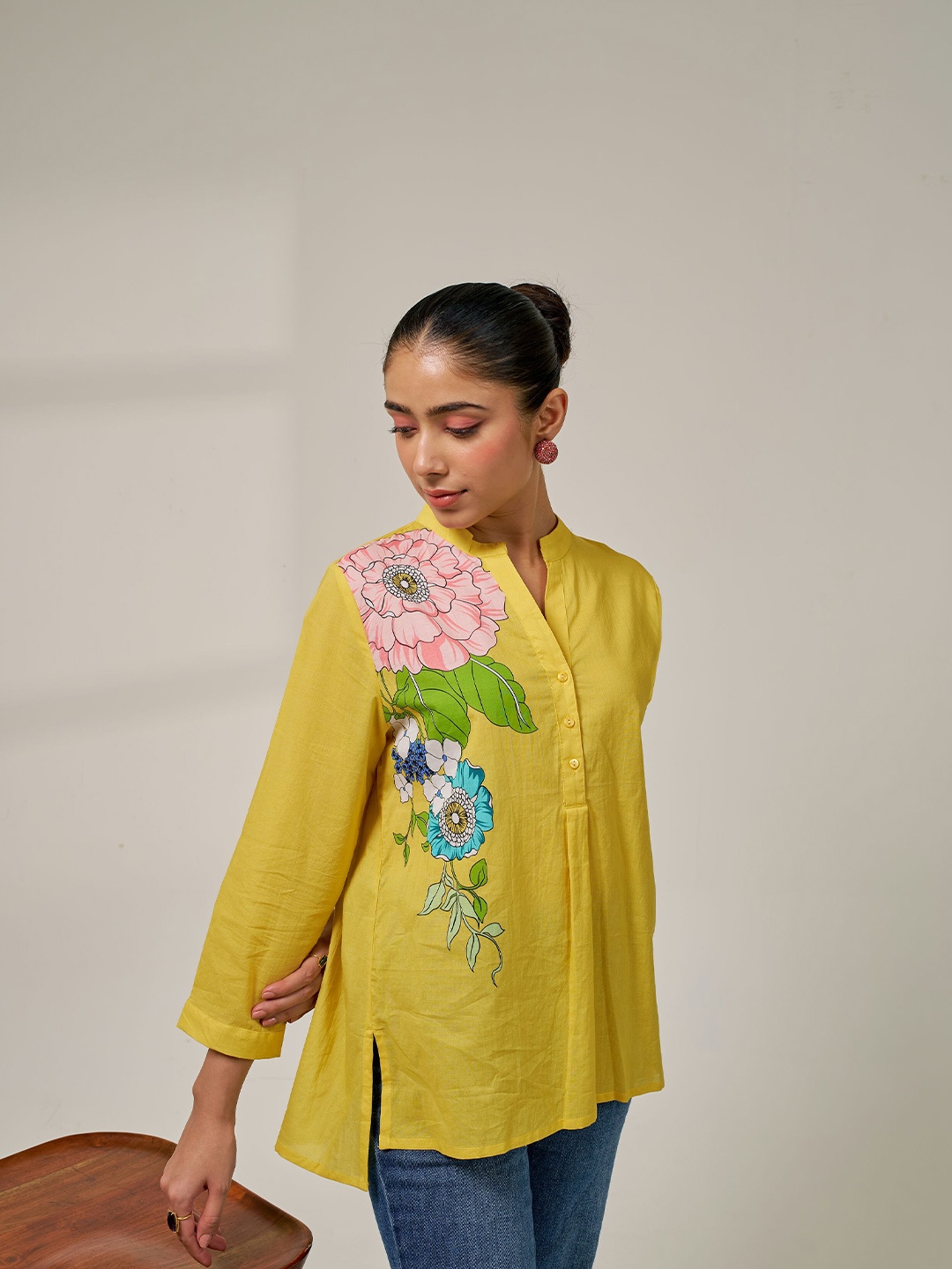 

Alaya By Stage3 Relaxed Floral Printed Mandarin Collar Top, Yellow