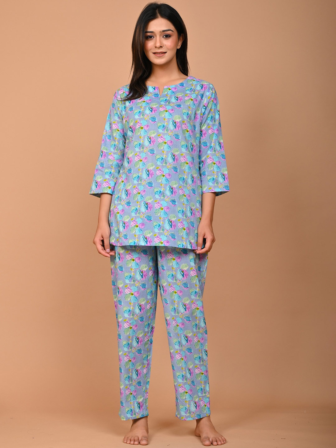 

MISS REKHA Printed Pure Cotton Night suit, Blue
