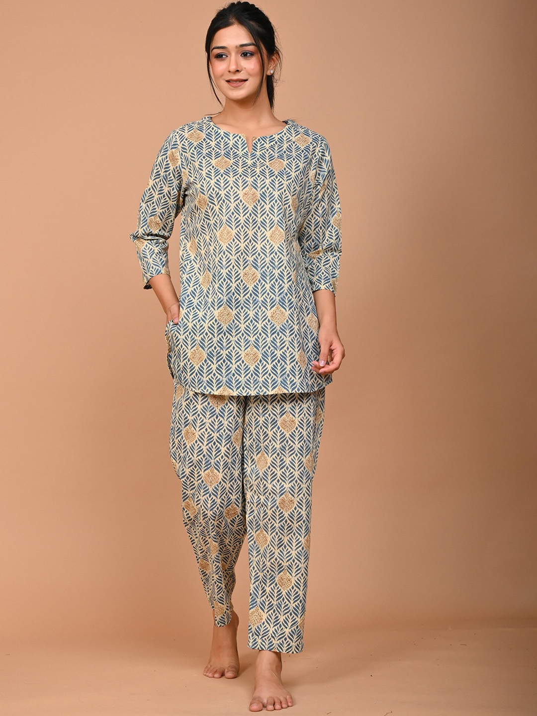 

MISS REKHA Printed Pure Cotton Top & Trousers Night suit, Grey