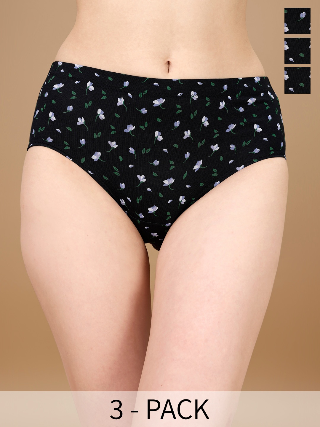

Soie Pack Of 3 Printed High Rise Stretch Hipster Briefs- 3HWB-32PACK5, Black