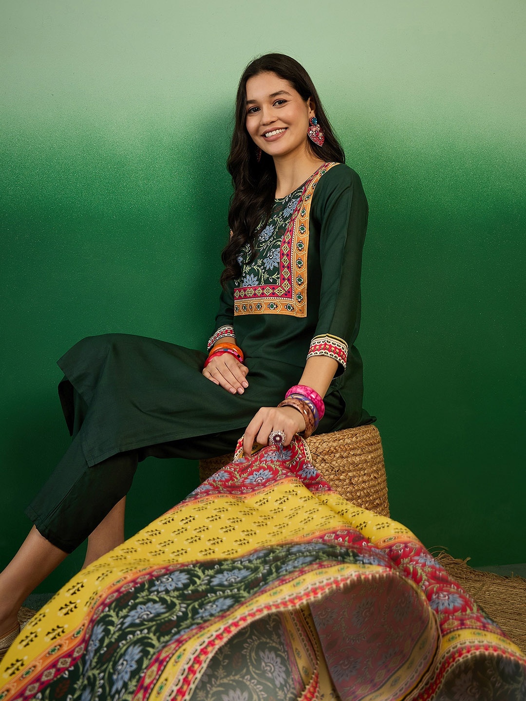 

Sangria Ethnic Motifs Printed Round Neck Kurta With Trousers & Dupatta, Green
