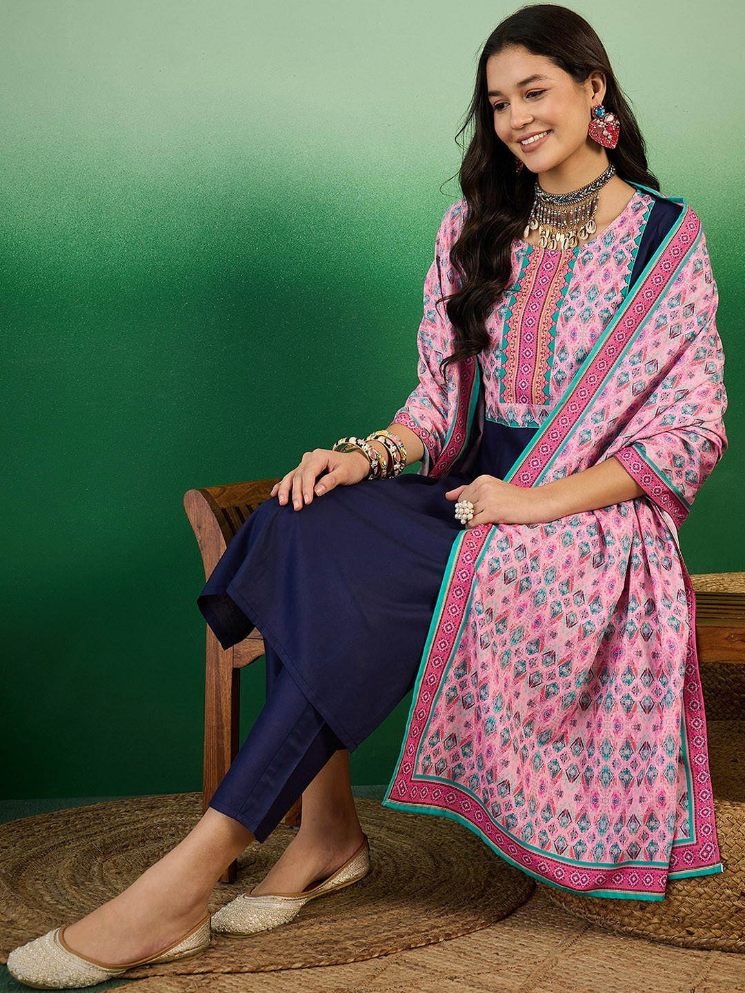 

Sangria Ethnic Motifs Yoke Design Printed Straight Kurta With Trouser & Dupatta, Navy blue