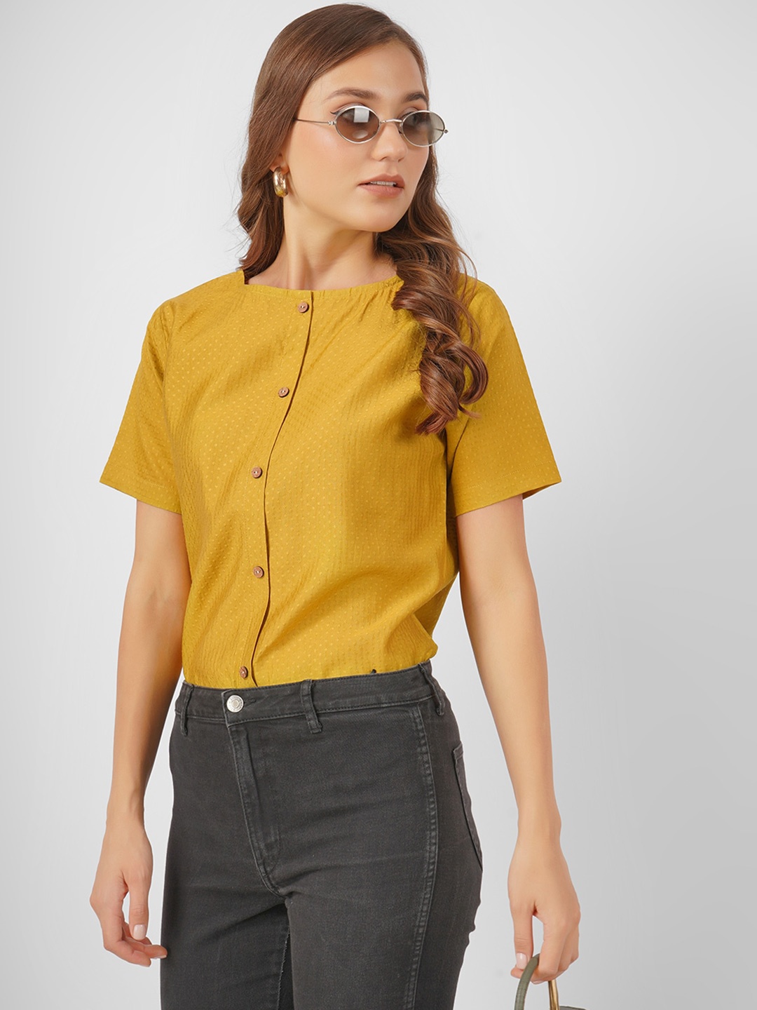 

Kinjo Cotton Solid Boat Neck Formal Top, Yellow