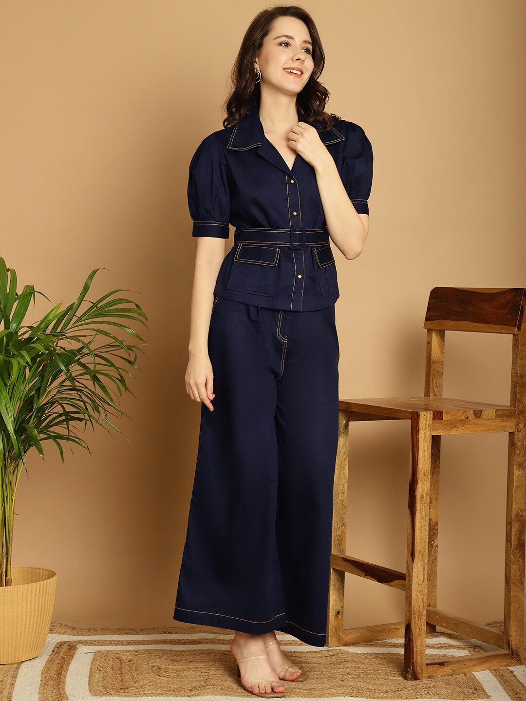 

BLANC9 Shirt Collar Pure Cotton Top & Trousers Co-Ords, Navy blue