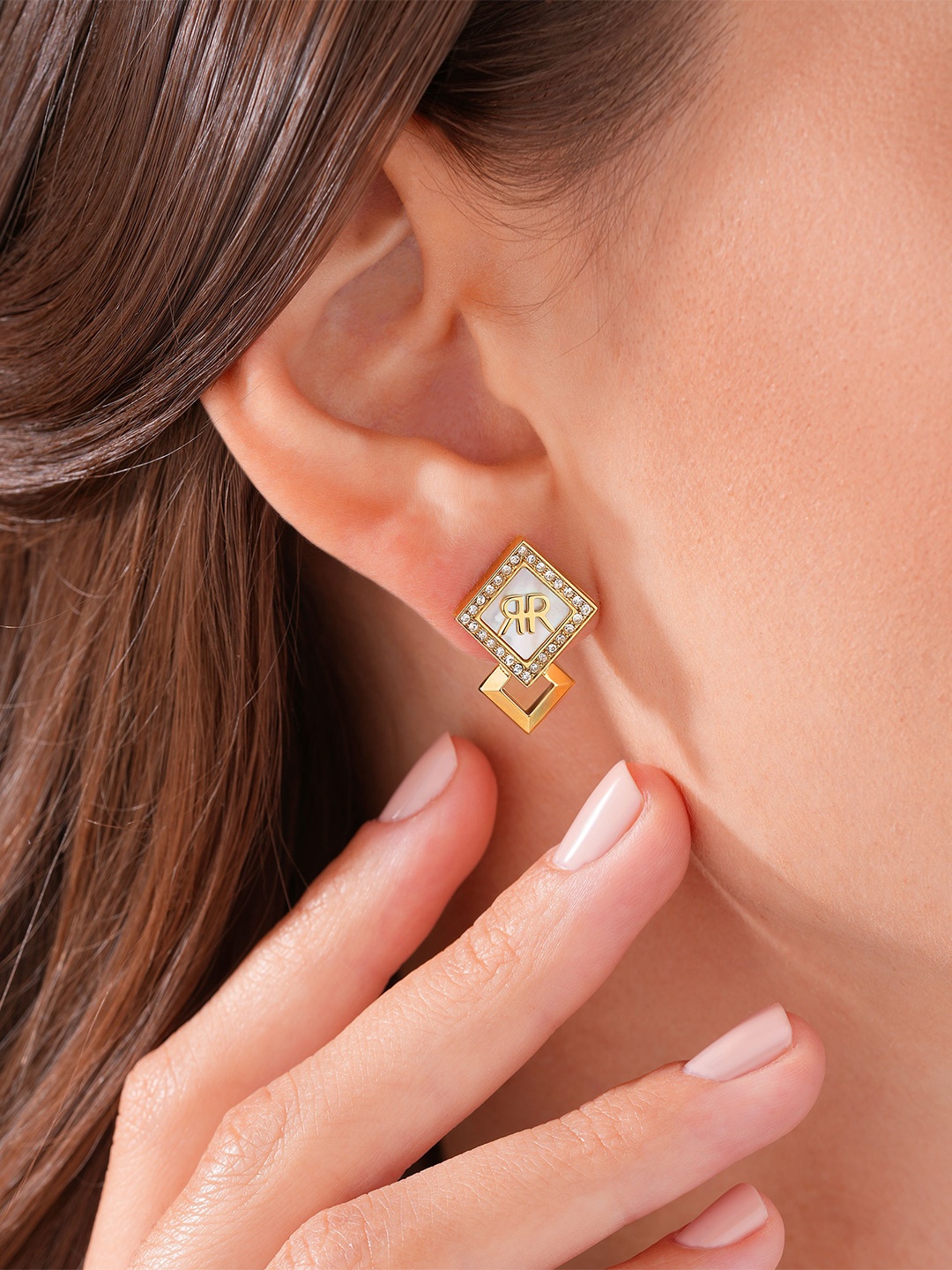 

Cerruti 1881 Stainless Steel Stone Studded Geometric Stud Earrings, Gold
