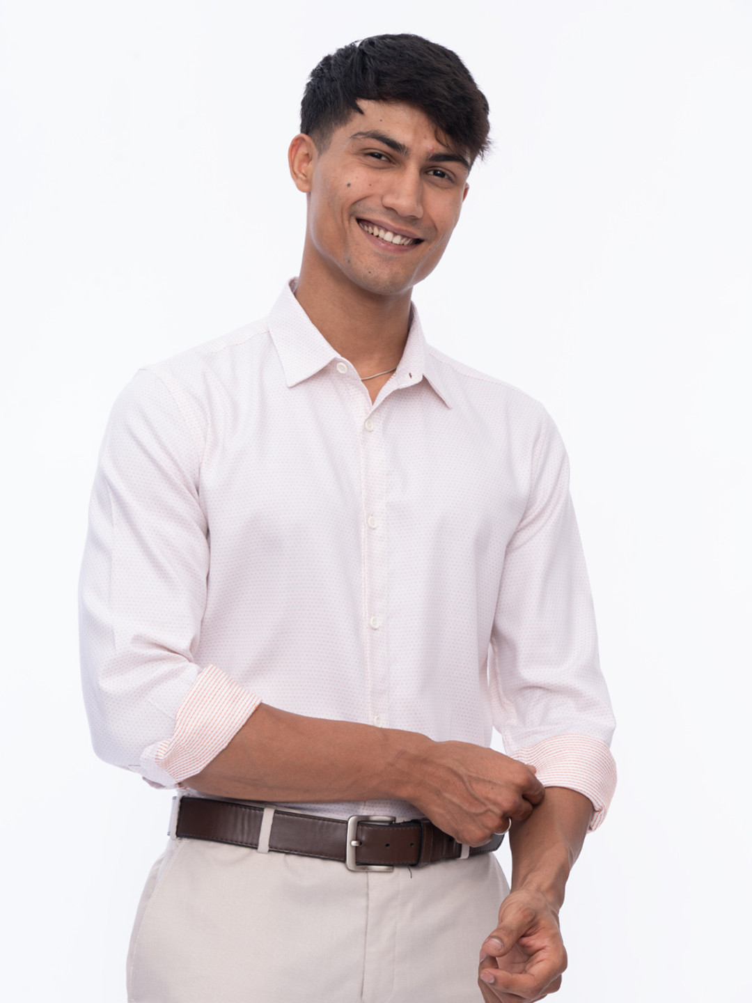 

Wellbi Men Pure Cotton Polka Printed Classic Shirt, White
