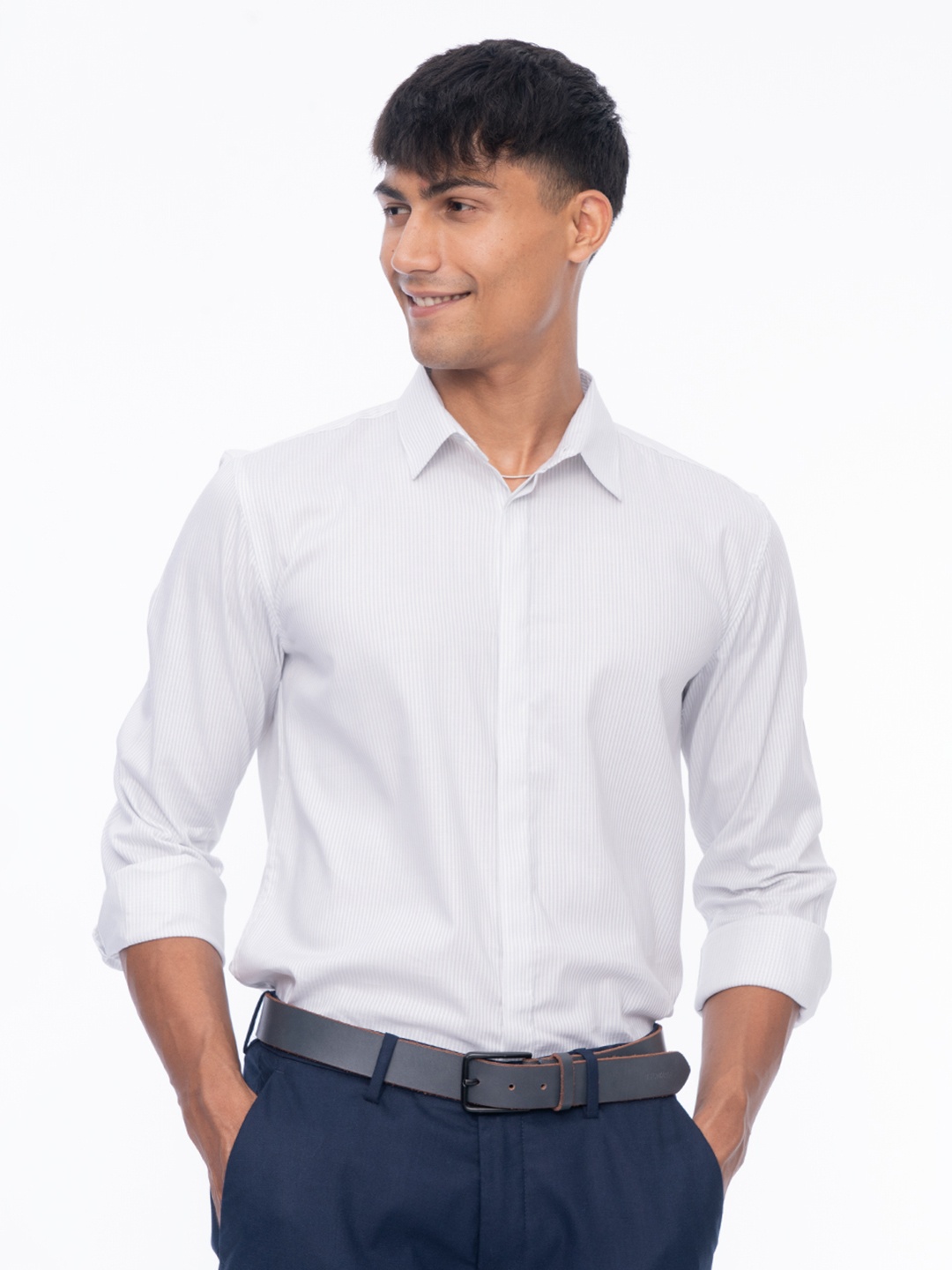 

Wellbi Men Pure Cotton Striped Classic Shirt, White