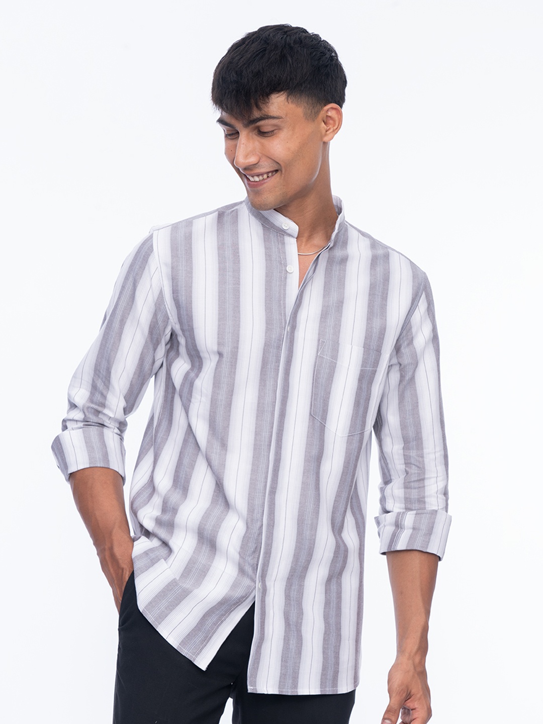 

Wellbi Men Pure Cotton Striped Mandarin Shirt, Grey